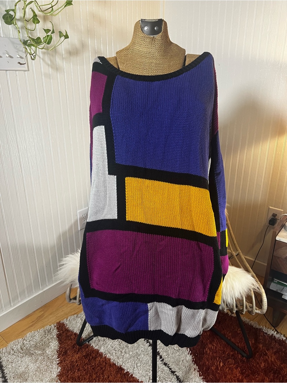 Colorblock Oversized Women’s Sweater – Purple, Magenta & Yellow